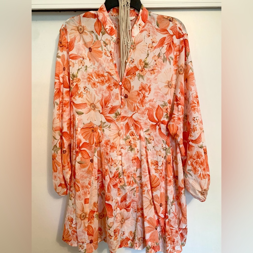 H&M Vibrant Floral Tunic in Orange and White with cream macrame belt; medium